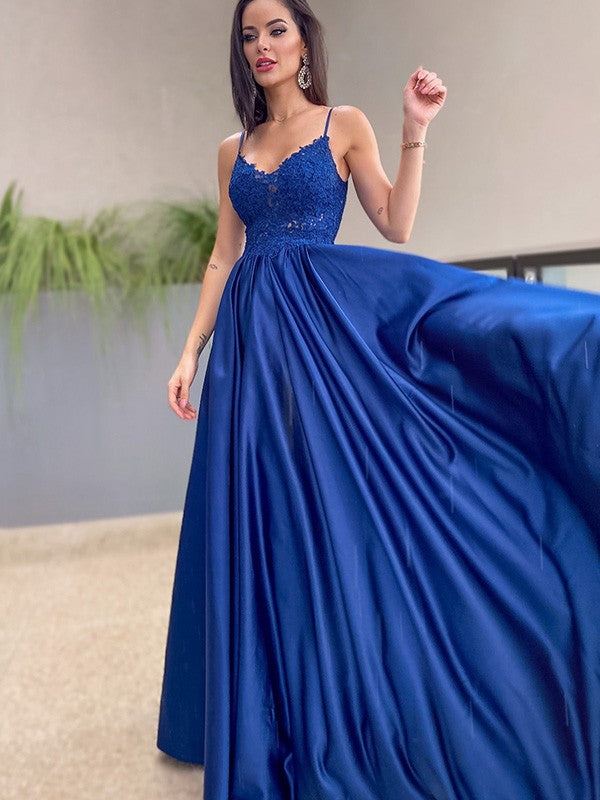 Vestidos de graduación de satén sin mangas, de corte línea A/elegantes, con tirantes finos y apliques, hasta el suelo.