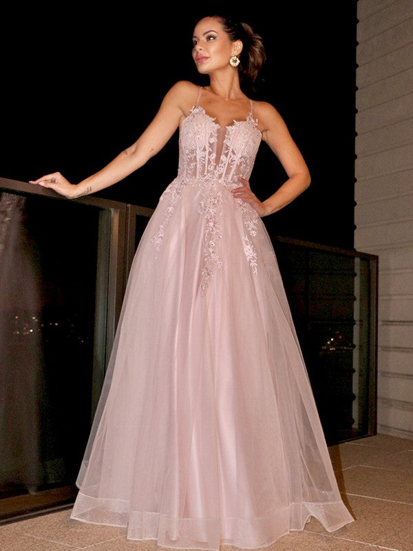 Vestidos de graduación de corte A/elegantes con apliques, tirantes finos, sin mangas, de tul y hasta el suelo