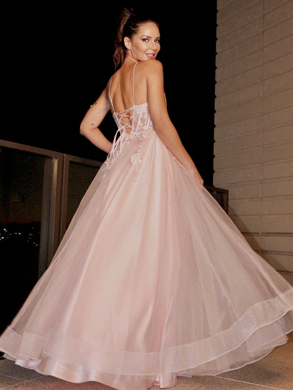 Vestidos de graduación de corte A/elegantes con apliques, tirantes finos, sin mangas, de tul y hasta el suelo