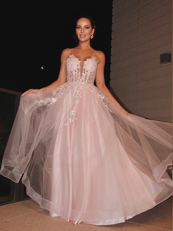 Vestidos de graduación de corte A/elegantes con apliques, tirantes finos, sin mangas, de tul y hasta el suelo