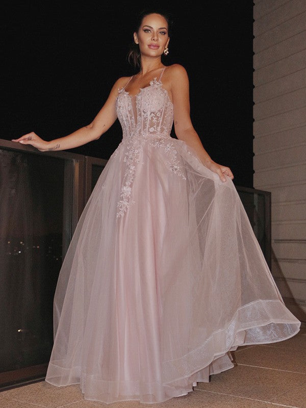 Vestidos de graduación de corte A/elegantes con apliques, tirantes finos, sin mangas, de tul y hasta el suelo