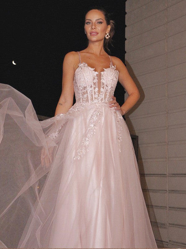 Vestidos de graduación de corte A/elegantes con apliques, tirantes finos, sin mangas, de tul y hasta el suelo