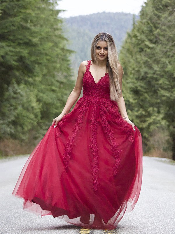 Vestidos de graduación de corte A/elegantes con apliques de tul, sin mangas, escote en V y largo hasta el suelo