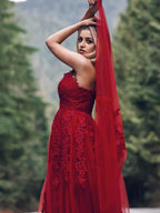 Vestidos de graduación de corte A/elegantes con apliques de tul, sin mangas, escote en V y largo hasta el suelo