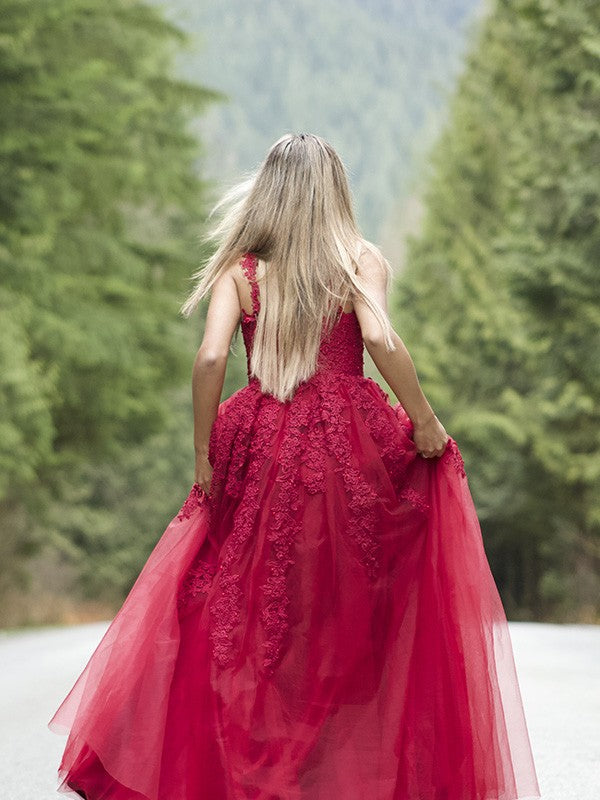 Vestidos de graduación de corte A/elegantes con apliques de tul, sin mangas, escote en V y largo hasta el suelo
