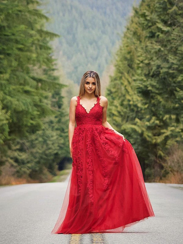 Vestidos de graduación de corte A/elegantes con apliques de tul, sin mangas, escote en V y largo hasta el suelo