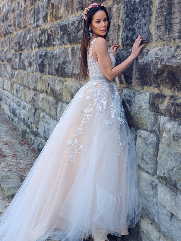 Vestidos de fiesta de corte A/elegantes con apliques de tul, sin mangas y escote en V