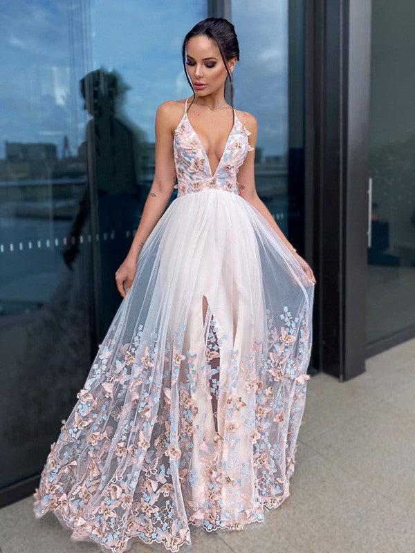 Vestidos de graduación de corte A/elegantes con apliques de tul, escote en V, sin mangas y hasta el suelo