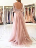 Corte en A/Elegante Bateau Manga 3/4 Apliques Tul Vestidos de Fiesta