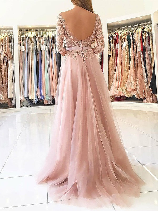 Corte en A/Elegante Bateau Manga 3/4 Apliques Tul Vestidos de Fiesta