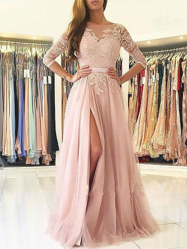 Corte en A/Elegante Bateau Manga 3/4 Apliques Tul Vestidos de Fiesta