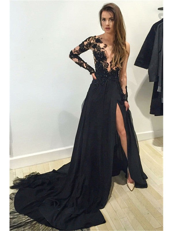 Vestidos de fiesta de corte A/elegantes con mangas largas, encaje y cola de corte, de gasa y encaje.