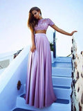 Vestidos de graduación de dos piezas de encaje satinado hasta el suelo, corte línea A/elegante, manga corta y escote barco.