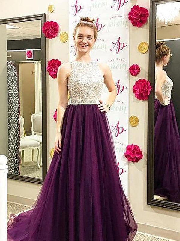 Vestidos de fiesta de tul con cuentas, sin mangas, corte en A/elegante, escote barco