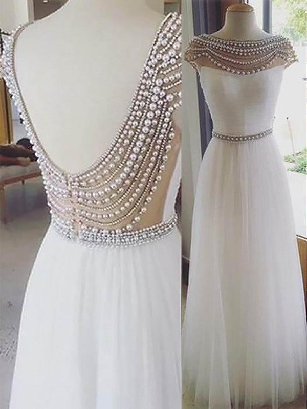 Vestidos de graduación de tul con cuentas, sin mangas, corte en A/elegante, estilo barco, hasta el suelo