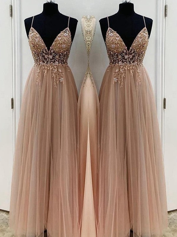 Vestidos de graduación de corte A/Elegantes con tirantes finos de tul y cuentas, sin mangas y hasta el suelo