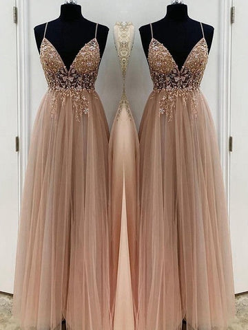 A-Line/Elegant Beading Tulle Spaghetti Straps Sleeveless Floor-Length Prom Dresses