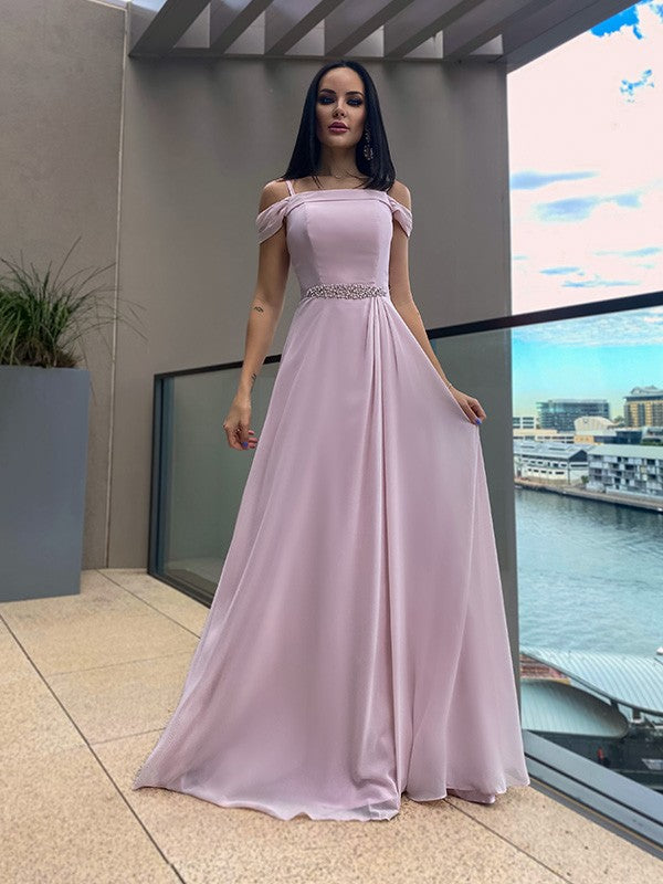 Vestidos de graduación de corte A/elegantes de gasa con tirantes de cuentas, sin mangas y hasta el suelo