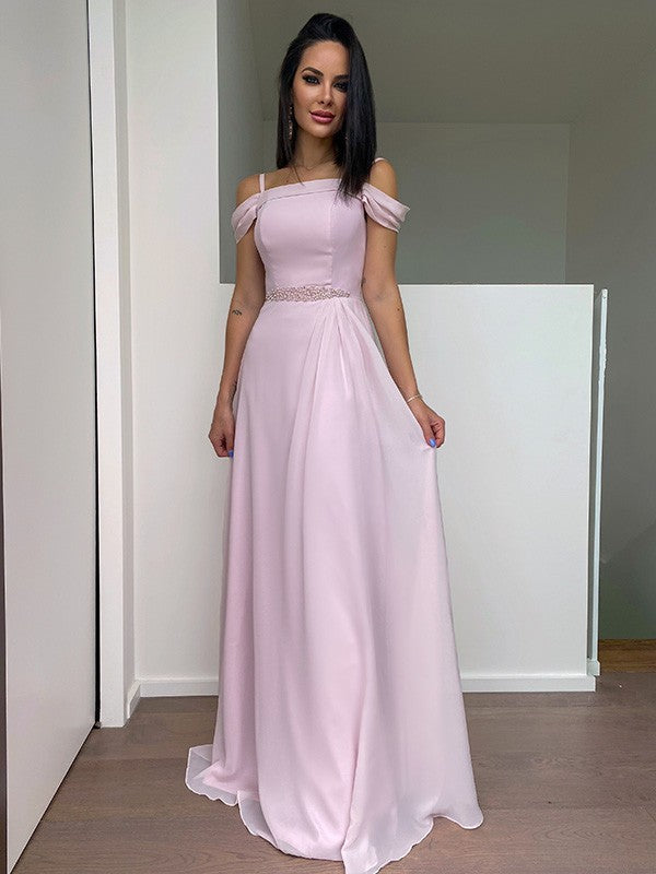 Vestidos de graduación de corte A/elegantes de gasa con tirantes de cuentas, sin mangas y hasta el suelo
