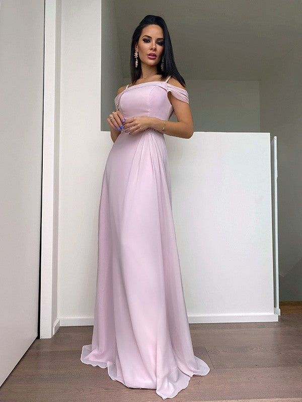 Vestidos de graduación de corte A/elegantes de gasa con tirantes de cuentas, sin mangas y hasta el suelo