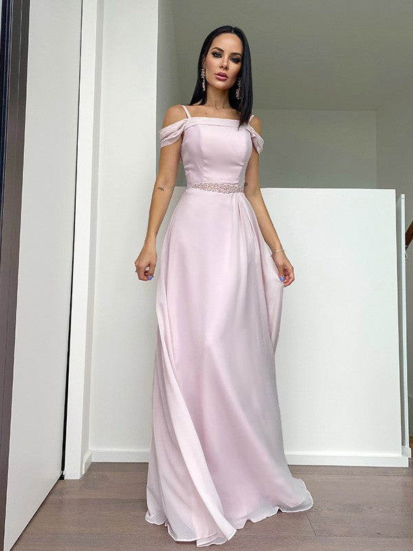 Vestidos de graduación de corte A/elegantes de gasa con tirantes de cuentas, sin mangas y hasta el suelo