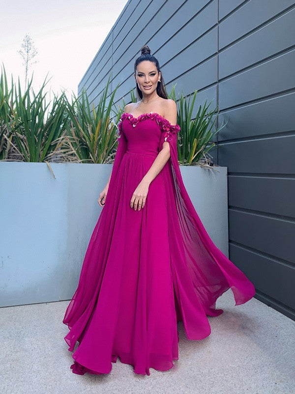 Vestidos de graduación elegantes de corte A, de gasa, hasta el suelo, con mangas largas, volantes y hombros descubiertos.