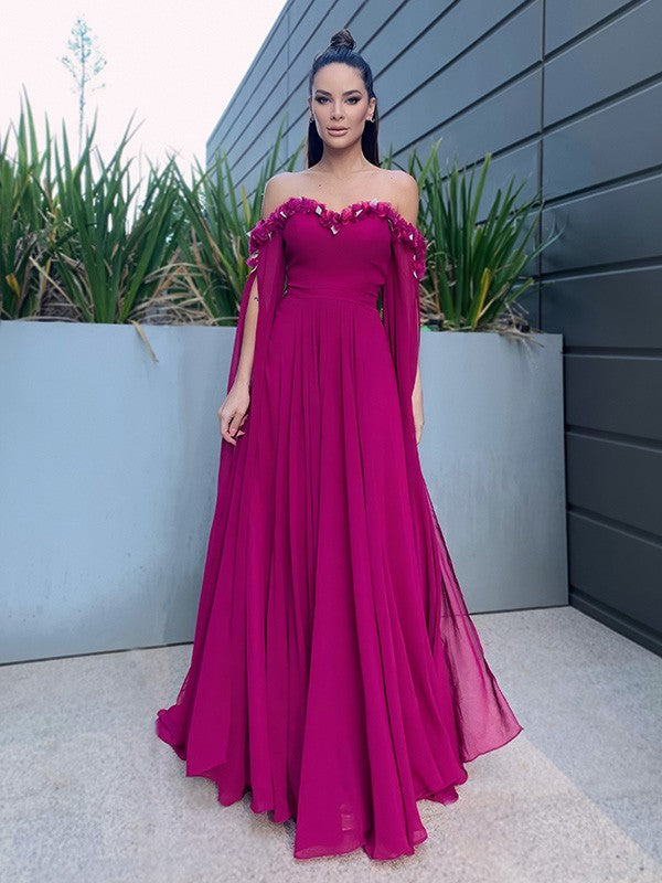 Vestidos de graduación elegantes de corte A, de gasa, hasta el suelo, con mangas largas, volantes y hombros descubiertos.
