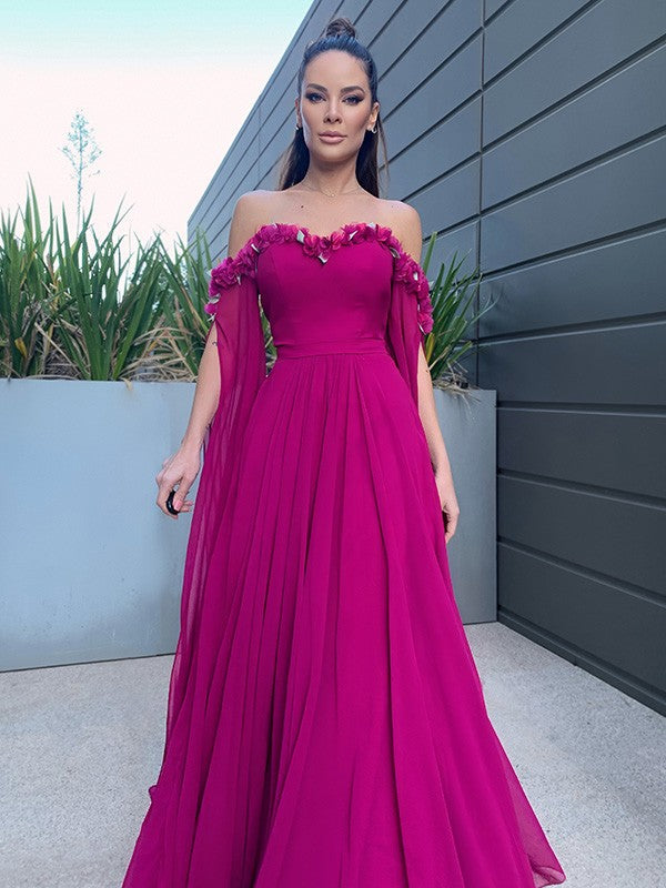 Vestidos de graduación elegantes de corte A, de gasa, hasta el suelo, con mangas largas, volantes y hombros descubiertos.