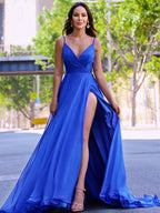 Vestidos de graduación sin mangas de gasa con tirantes finos fruncidos y corte en A/elegante