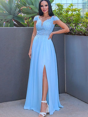 A-Line/Elegant Floor-Length Off-the-Shoulder Sleeveless Chiffon Applique Prom Dresses