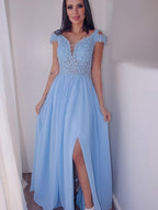 Vestidos de graduación elegantes de corte A, largos hasta el suelo, sin mangas, con hombros descubiertos y apliques de gasa.