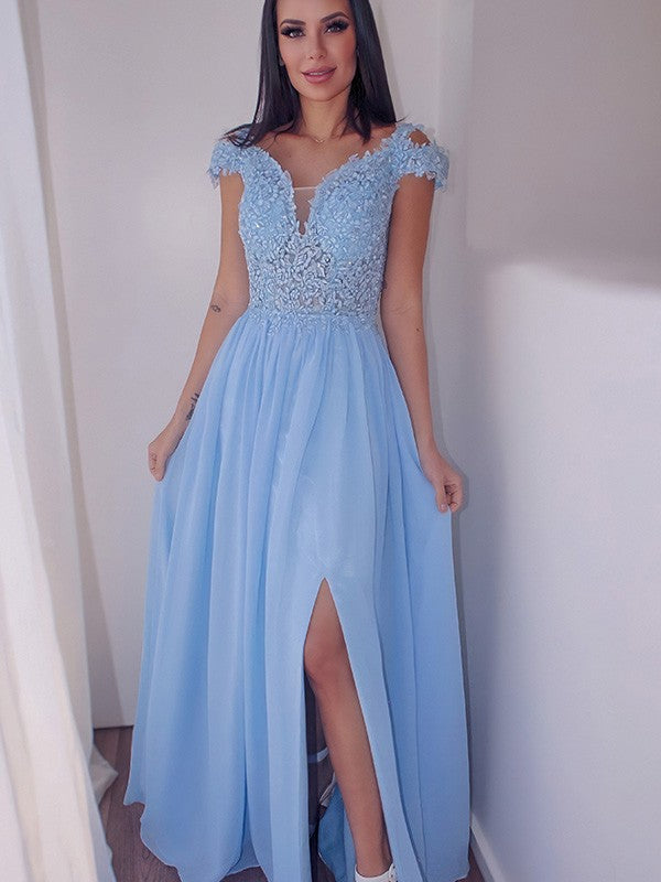 Vestidos de graduación elegantes de corte A, largos hasta el suelo, sin mangas, con hombros descubiertos y apliques de gasa.