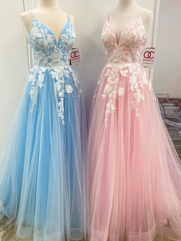 Vestidos de graduación de tul sin mangas, corte en A/elegantes, largos hasta el suelo, con escote en V y apliques.
