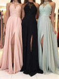 Vestidos de fiesta de gasa fruncida sin mangas con apliques, corte en A/elegante, halter y sin mangas