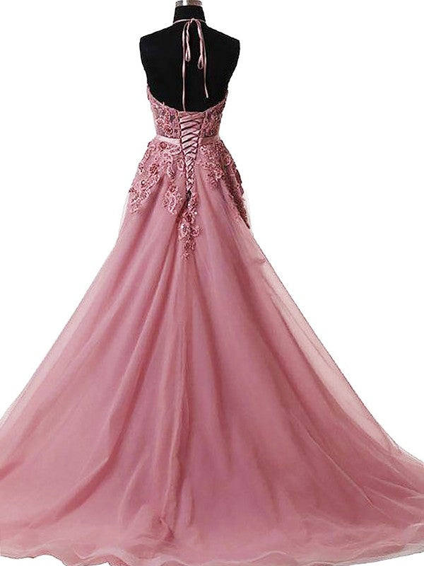Vestidos de fiesta de corte A/elegantes sin mangas con apliques de tul