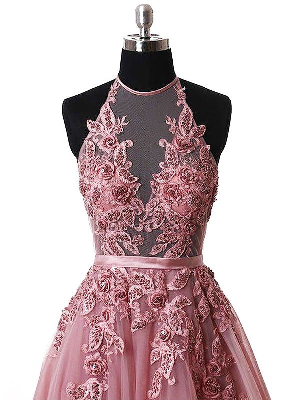 Vestidos de fiesta de corte A/elegantes sin mangas con apliques de tul