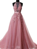 Vestidos de fiesta de corte A/elegantes sin mangas con apliques de tul