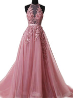 Vestidos de fiesta de corte A/elegantes sin mangas con apliques de tul