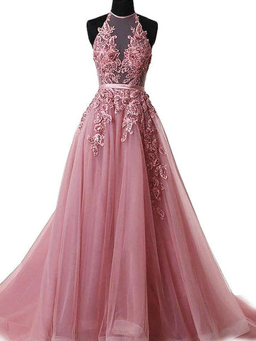 A-Line/Elegant Halter Sleeveless Applique Tulle Prom Dresses