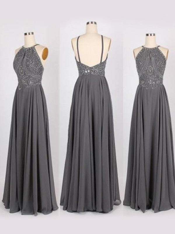 Vestidos de fiesta de gasa con cuentas, corte en A/elegantes, sin mangas, con cuello halter y sin mangas