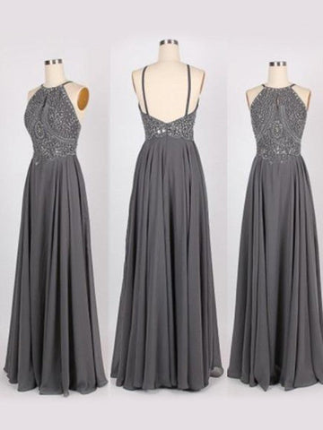 A-Line/Elegant Halter Sleeveless Beading Chiffon Prom Dresses