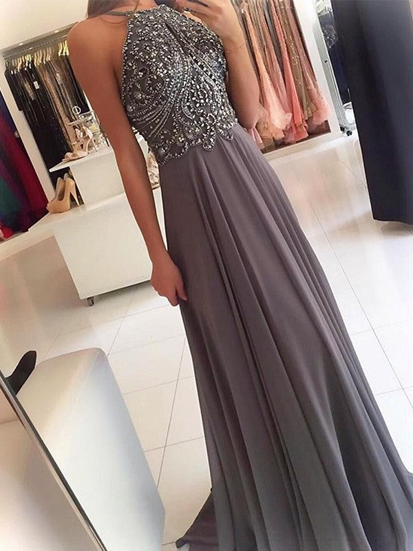 Vestidos de fiesta de gasa con cuentas, corte en A/elegantes, sin mangas, con cuello halter y sin mangas