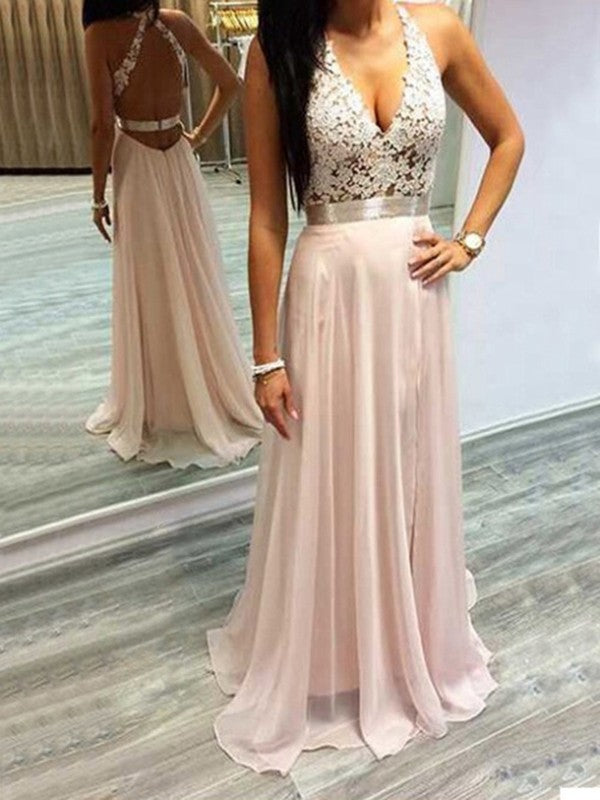 Vestidos de graduación de gasa y encaje sin mangas, corte línea A/elegante, con cuello halter y sin mangas