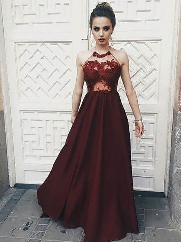 Vestidos de graduación de satén elástico tejido, sin mangas, corte línea A/elegante, con apliques y largo hasta el suelo.