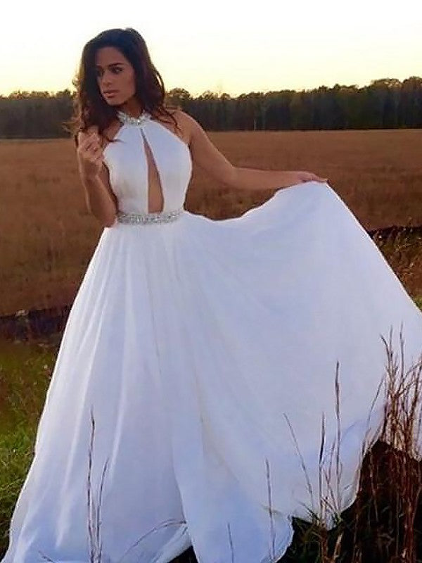 Vestidos de graduación de gasa con cuentas, corte línea A/elegante, sin mangas, hasta el suelo, con cuello halter y sin mangas.
