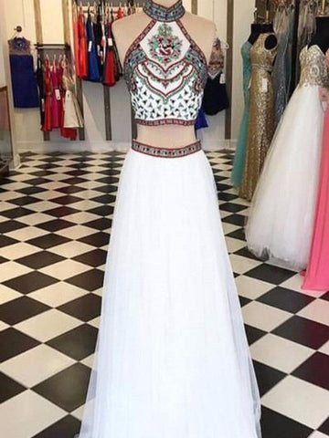 Vestidos de graduación de dos piezas de corte línea A/elegante, sin mangas, con cuello halter y bordado de red.