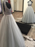 Vestidos de graduación de tul con cuentas, sin mangas, corte línea A/elegante, con cuello halter y largo hasta el suelo