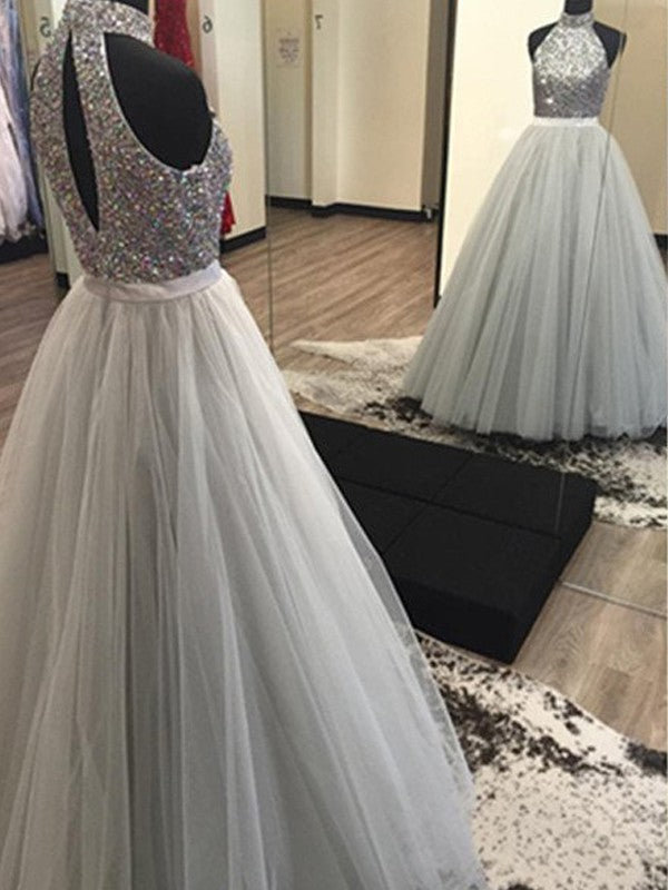 Vestidos de graduación de tul con cuentas, sin mangas, corte línea A/elegante, con cuello halter y largo hasta el suelo