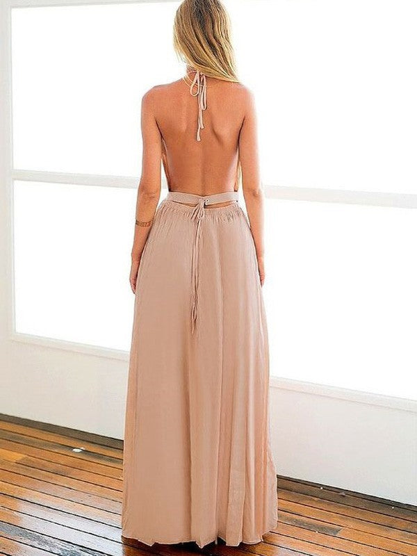 Vestidos de graduación de gasa sin mangas, corte línea A/elegante, con cuello halter y largo hasta el suelo.