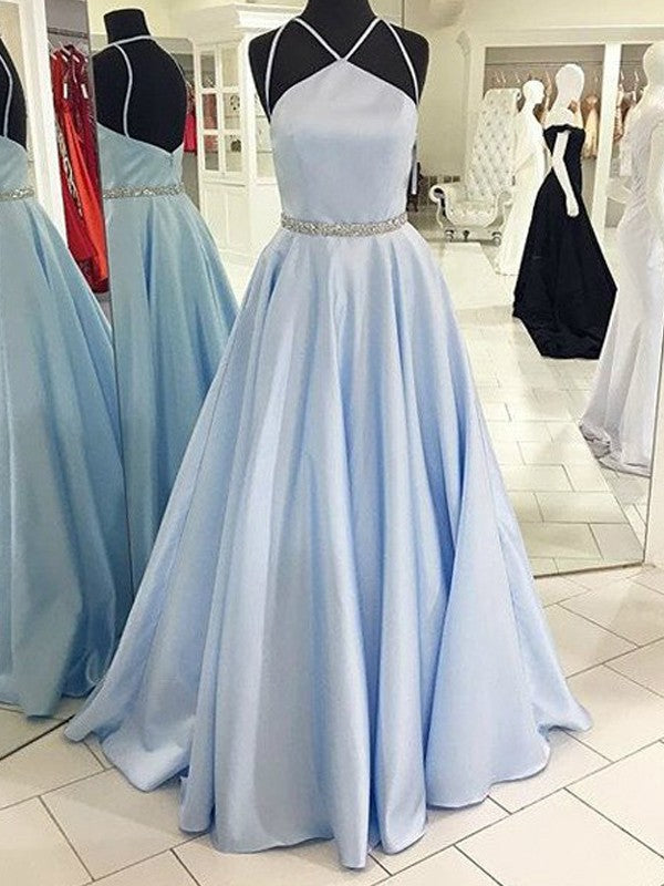 Vestidos de graduación de satén sin mangas, corte línea A/elegante, con cuello halter y largo hasta el suelo